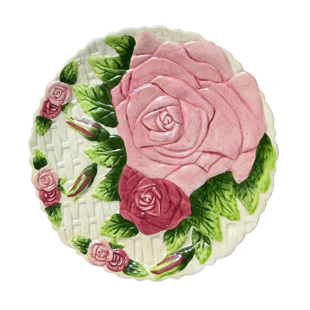 KMC Vintage Rose Basketweave Ceramic Dessert Plates Set of 6 Pink Floral 8in